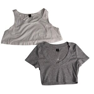 Crop Top Bundle: Ribbed V-Neck Short‎ Sleeve & Sleeveless Tank - Womens